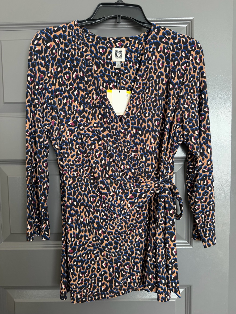 Anne Klein Long-Sleeve side tie blouse in Navy, Tan and Pink Leopard Print